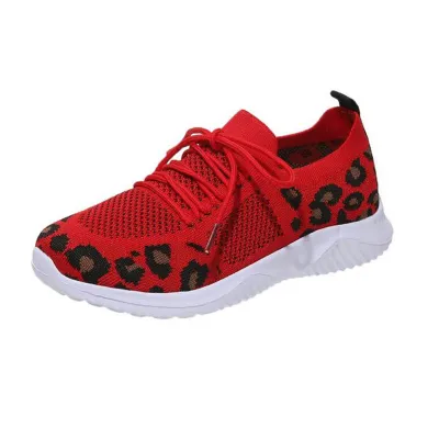 Women Fashion Casual Mesh Leopard Round-Toe Lace-Up Flat Sneakers