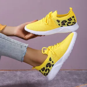 Women Fashion Casual Mesh Leopard Round-Toe Lace-Up Flat Sneakers