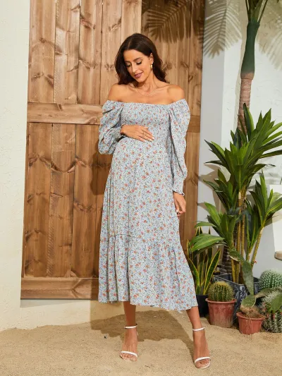 Maternity Casual Chiffon Floral Printed Ruffled Long-Sleeve Dress