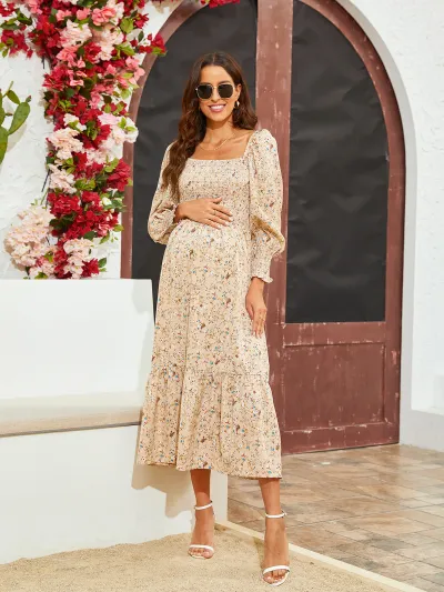 Maternity Casual Chiffon Floral Printed Ruffled Long-Sleeve Dress
