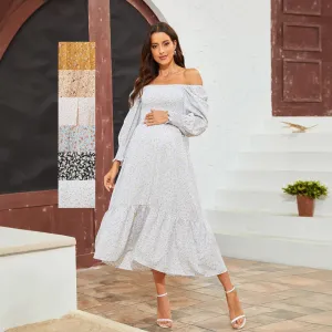 Maternity Casual Chiffon Floral Printed Ruffled Long-Sleeve Dress