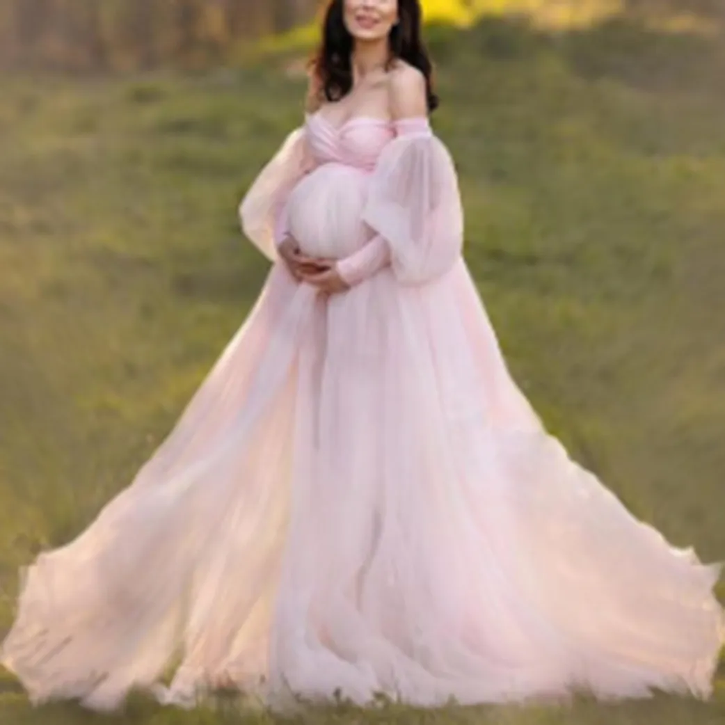 Pregnant Women Fashion Sexy Puff Sleeve Off Shoulder Mesh Dress