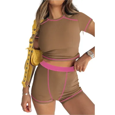 Women's Thread Contrast Color Short-Sleeve T-Shirt and Tight Shorts Two-Piece Set