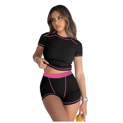 Women's Thread Contrast Color Short-Sleeve T-Shirt and Tight Shorts Two-Piece Set