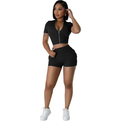 Women Casual Solid Color Stripe Zipper Short-Sleeve Top Tight Shorts Two-Piece Set