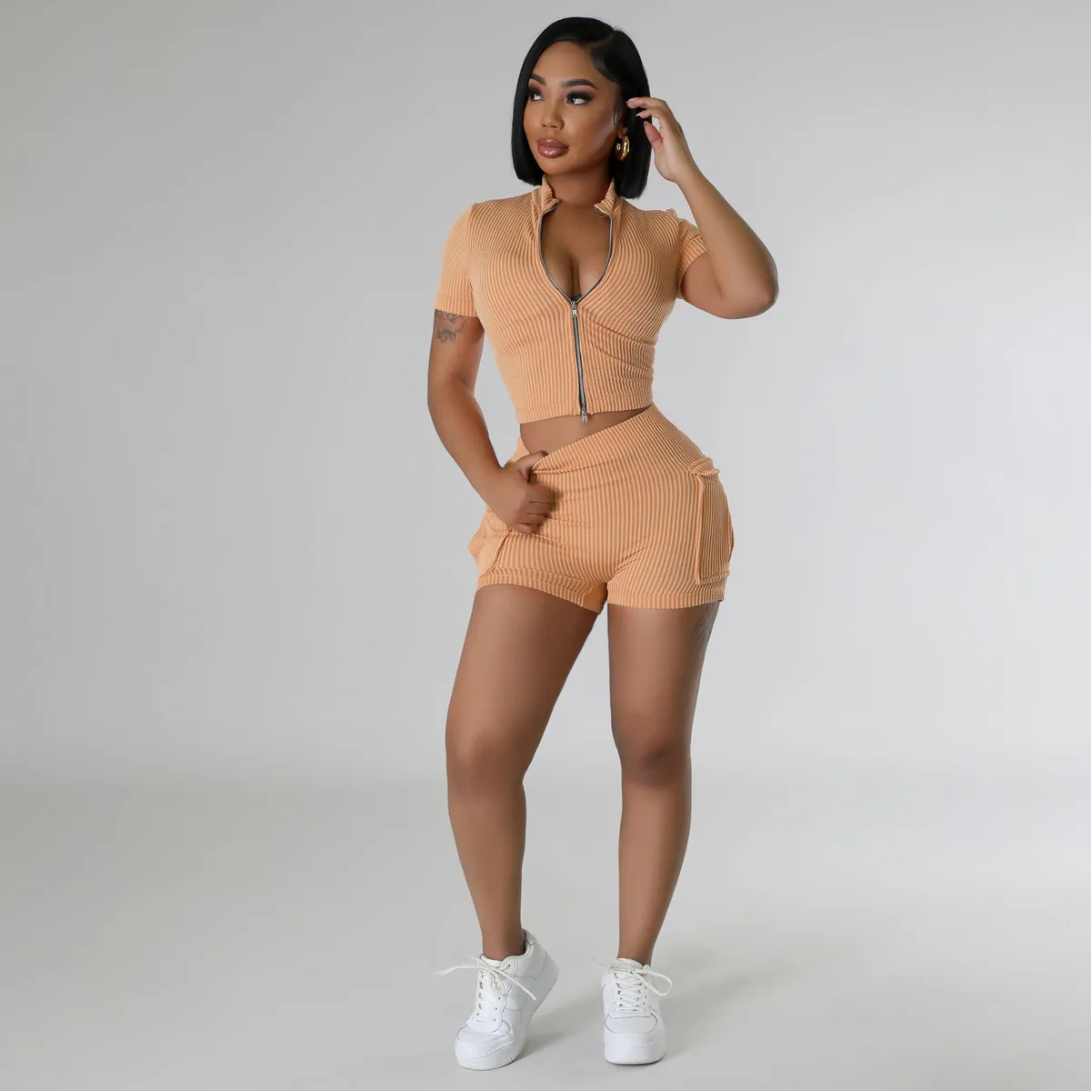 Women Casual Solid Color Stripe Zipper Short-Sleeve Top Tight Shorts Two-Piece Set