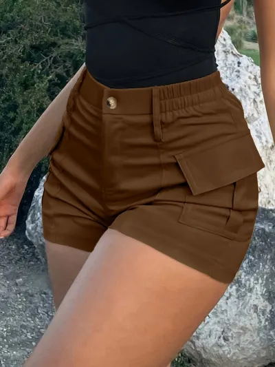 Women Casual High Waist Button Pocket Shorts - Street Hipster Style, Polyester Oxford Fabric