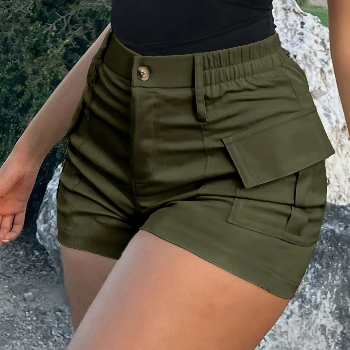 Women Casual High Waist Button Pocket Shorts - Street Hipster Style, Polyester Oxford Fabric
