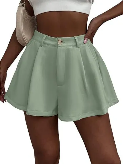 Women Fashion Sexy Solid Color High Waist Wide Leg Pleated Shorts