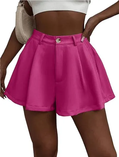 Women Fashion Sexy Solid Color High Waist Wide Leg Pleated Shorts