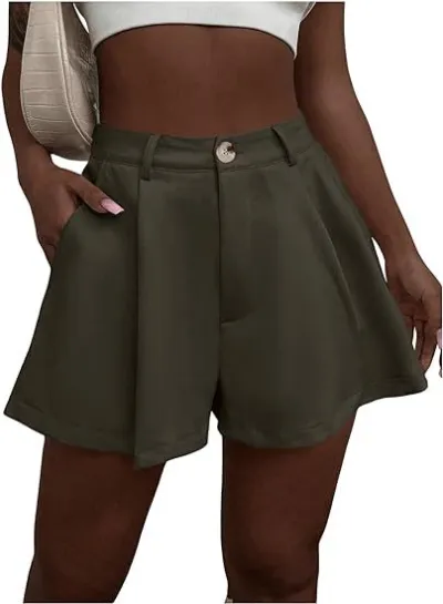 Women Fashion Sexy Solid Color High Waist Wide Leg Pleated Shorts