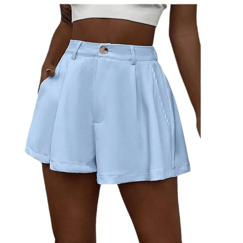 Women Fashion Sexy Solid Color High Waist Wide Leg Pleated Shorts