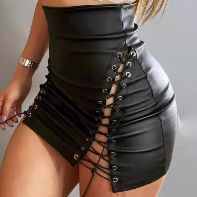 Women Fashion Sexy Cross Strap Lace-Up High Waist Pu Leather Skirt