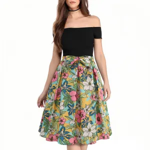 Women Fashion Elegant Floral Printed Waist Bowknot Pleated Skirt