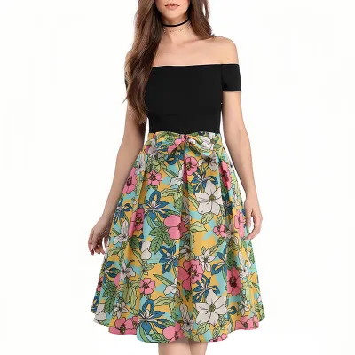 Women Fashion Elegant Floral Printed Waist Bowknot Pleated Skirt