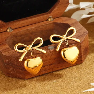 Women Fashion Elegant Bowknot Love Titanium Steel Vintage Drop Earrings