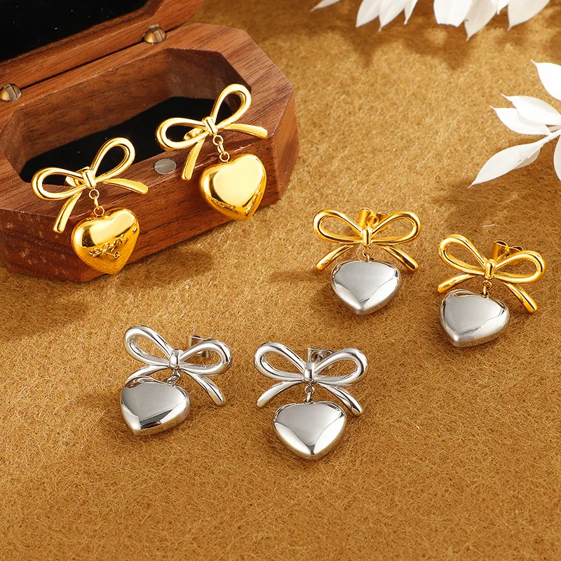 Women Fashion Elegant Bowknot Love Titanium Steel Vintage Drop Earrings