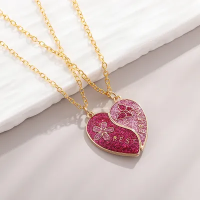 Women Fashion Magnetic Pink Heart Pendant Cartoon Necklace Set