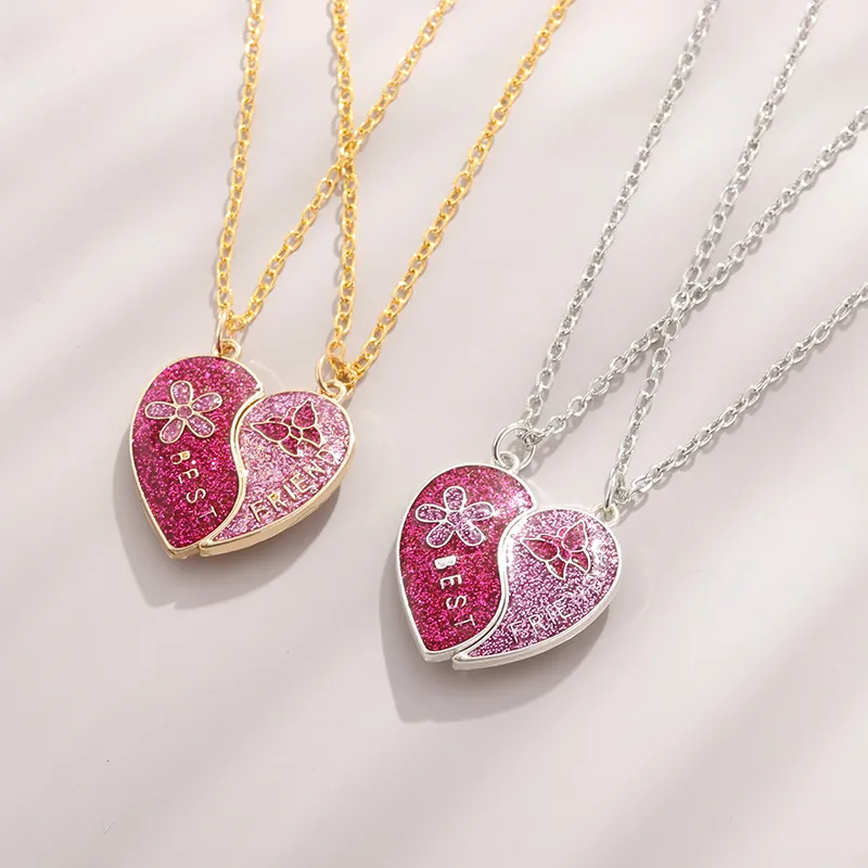 Women Fashion Magnetic Pink Heart Pendant Cartoon Necklace Set