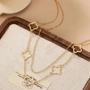 Women Fashion Double-Layer Hollow Four-Leaf Clover Necklace Alloy