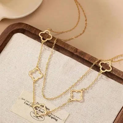 Women Fashion Double-Layer Hollow Four-Leaf Clover Necklace Alloy