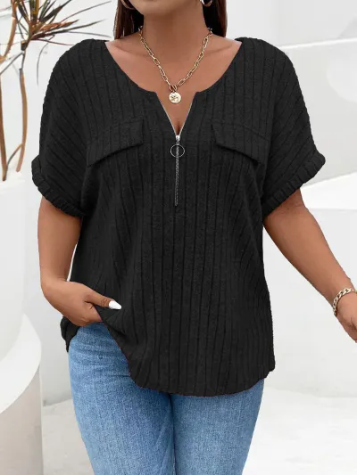 Women Casual Solid Color Plus Size Zipper Short Sleeve Loose T-Shirt