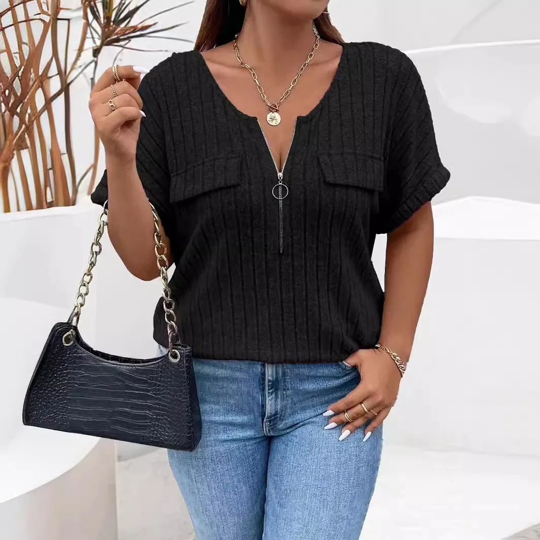 Women Casual Solid Color Plus Size Zipper Short Sleeve Loose T-Shirt