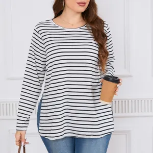Women Casual Plus Size Loose Fit Stripe Long-Sleeve Crewneck Top