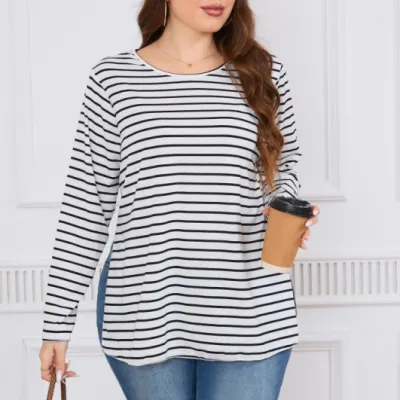 Women Casual Plus Size Loose Fit Stripe Long-Sleeve Crewneck Top