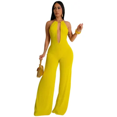 Women Fashion Sexy Solid Color Deep V-Neck Sleeveless Backless Jumpsuits