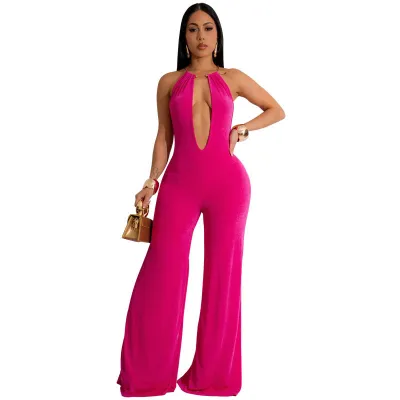 Women Fashion Sexy Solid Color Deep V-Neck Sleeveless Backless Jumpsuits