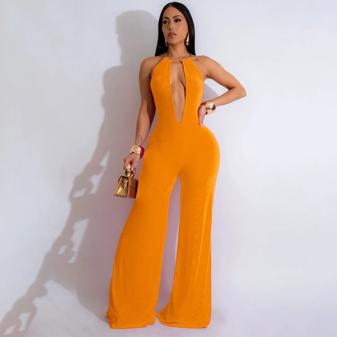 Women Fashion Sexy Solid Color Deep V-Neck Sleeveless Backless Jumpsuits
