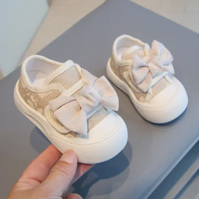 Kids Girls Casual Velcro Flat Bow First Walkers Canvas Shoes