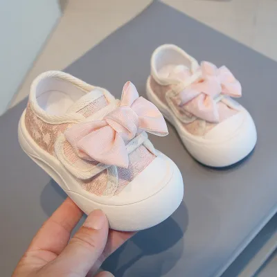 Kids Girls Casual Velcro Flat Bow First Walkers Canvas Shoes