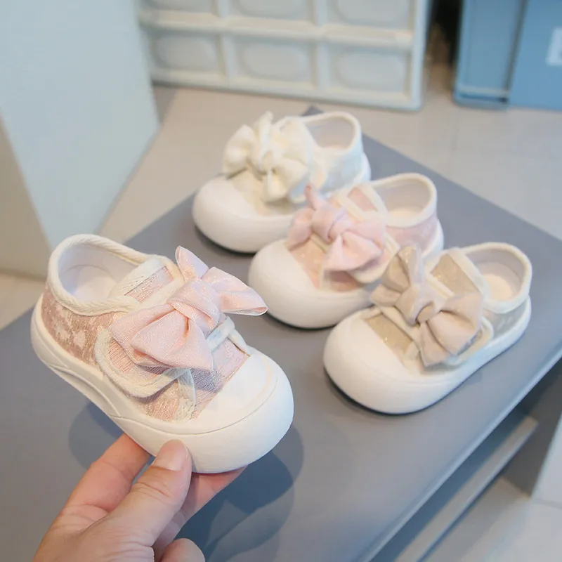 Kids Girls Casual Velcro Flat Bow First Walkers Canvas Shoes