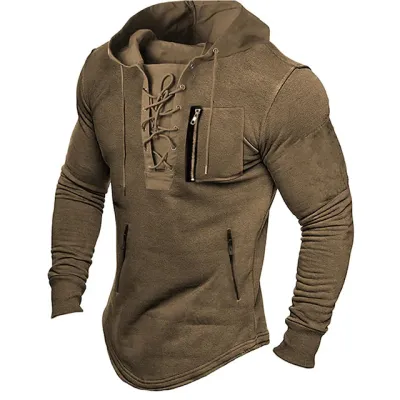 Men Fashion Casual Solid Color Long Sleeve Hooded Top