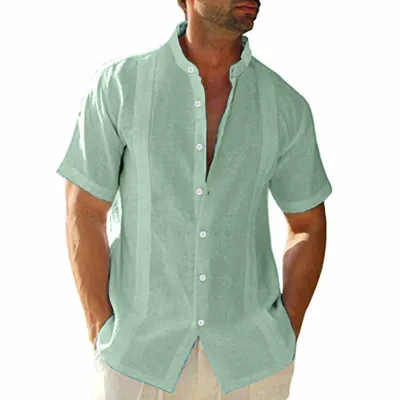 Men Solid Color Short Sleeve Stand Collar Ramie Shirt