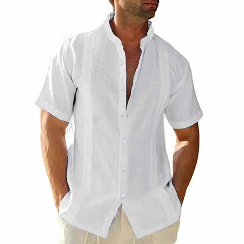 Men Solid Color Short Sleeve Stand Collar Ramie Shirt