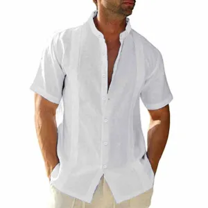 Men Solid Color Short Sleeve Stand Collar Ramie Shirt