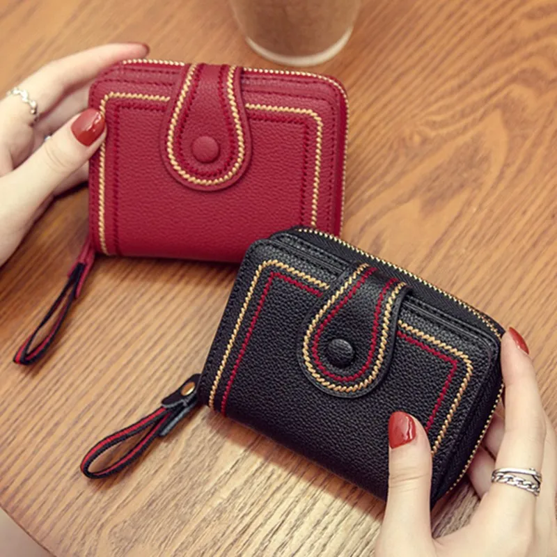 Women Fashion Embroidered PU Leather Coin Wallet Zip Around Short 2 Fold