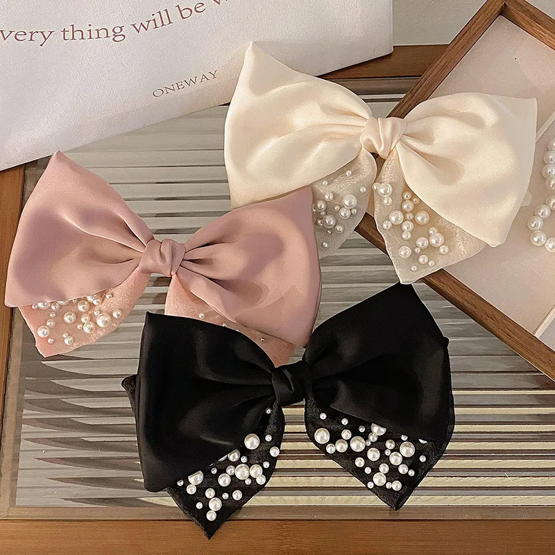 Chiffon Fabric Pearl Bow Elegant Hair Clip Top Clip Barrette for Women
