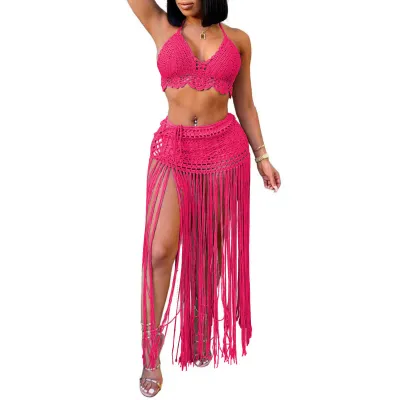 Women Summer Vacation Solid Color Crochet Tassel Cover-Up Set
