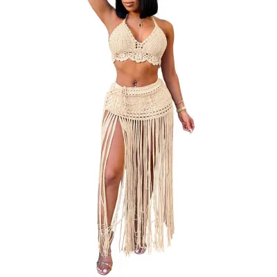Women Summer Vacation Solid Color Crochet Tassel Cover-Up Set