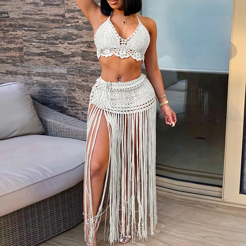 Women Summer Vacation Solid Color Crochet Tassel Cover-Up Set