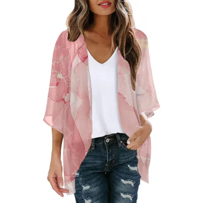 Women Summer Chiffon Printed Bat Sleeve Cardigan Beach Sunscreen Cover-Up