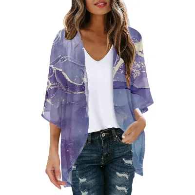 Women Summer Chiffon Printed Bat Sleeve Cardigan Beach Sunscreen Cover-Up
