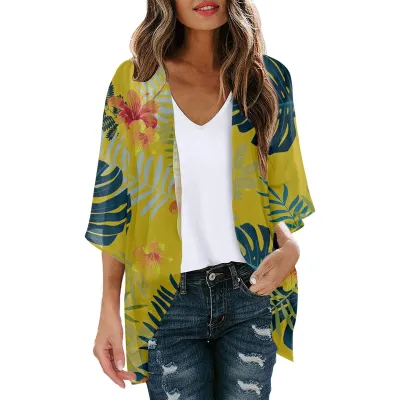 Women Summer Chiffon Printed Bat Sleeve Cardigan Beach Sunscreen Cover-Up