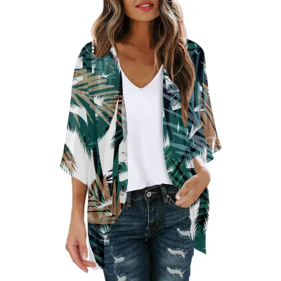 Women Summer Chiffon Printed Bat Sleeve Cardigan Beach Sunscreen Cover-Up