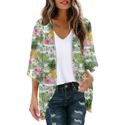Women Summer Chiffon Printed Bat Sleeve Cardigan Beach Sunscreen Cover-Up
