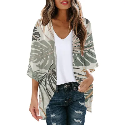 Women Summer Chiffon Printed Bat Sleeve Cardigan Beach Sunscreen Cover-Up